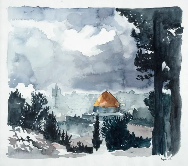 An expressive view of the Temple Mount area and its surroundings.